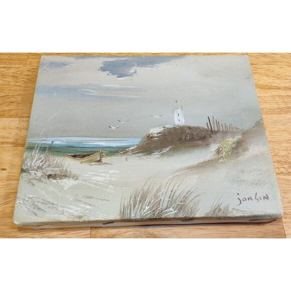 Painting "8x10" Beach, Seagull, Boat and Lighthouse Scene On Canvas-Jonson - Picture 1 of 7